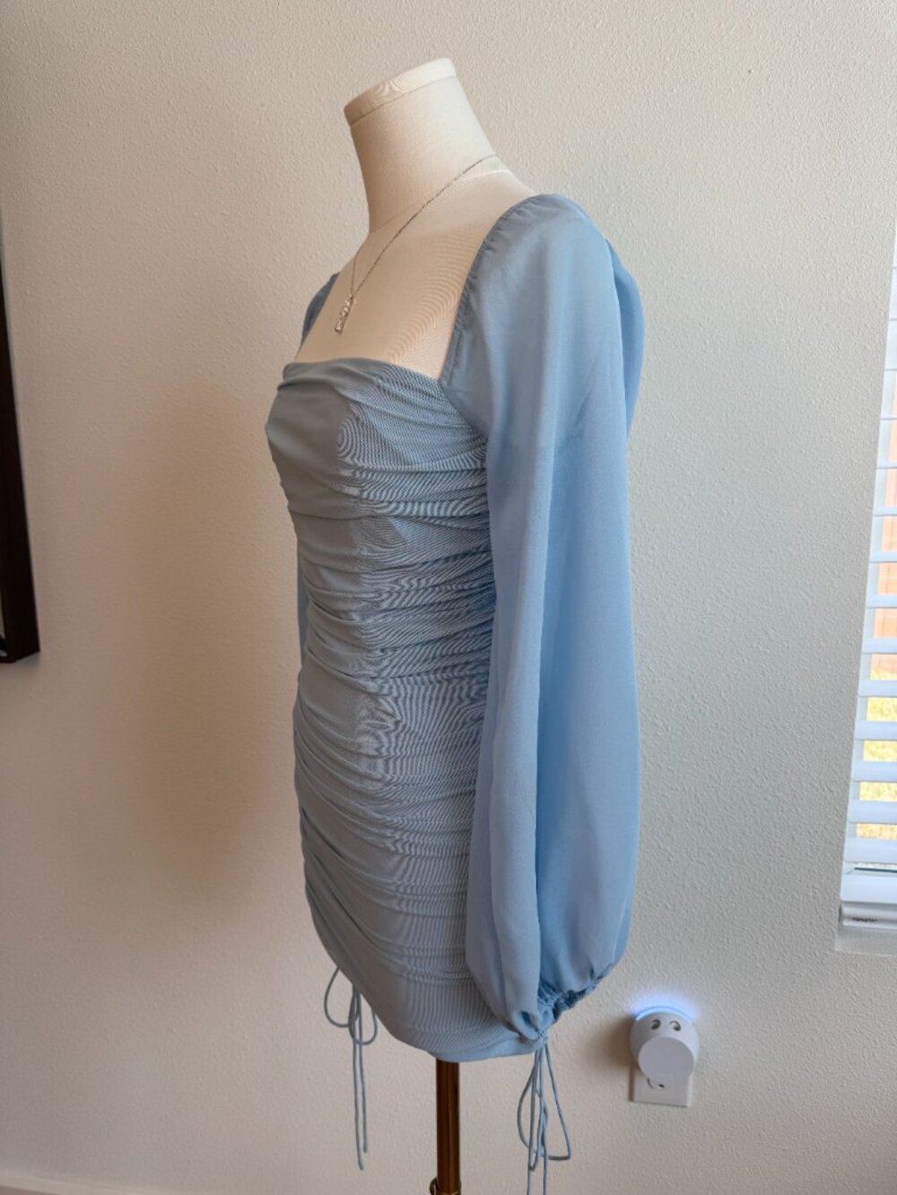 Hello Molly Baby Blue Ruched Mesh Mini Dress Puff Sleeve - Picture 6 of 10